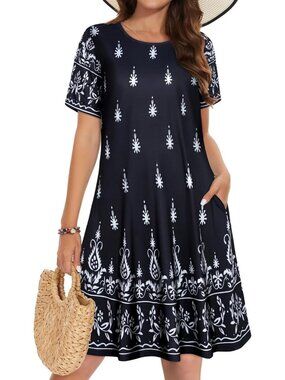 Women's Black White Bo shirt Short Sleeve Floral Sundress Beach Cover Mini Dress